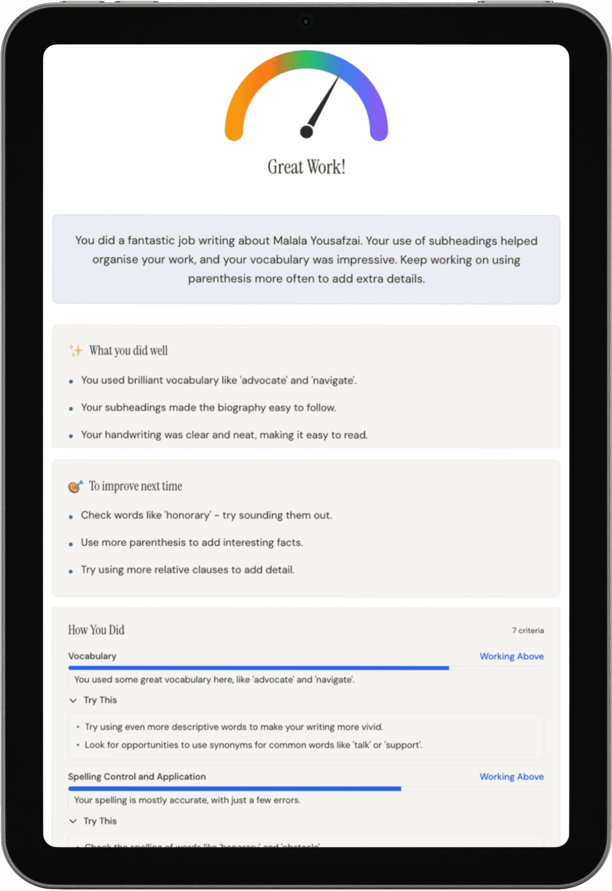 Student personalised feedback summary from howay.ai